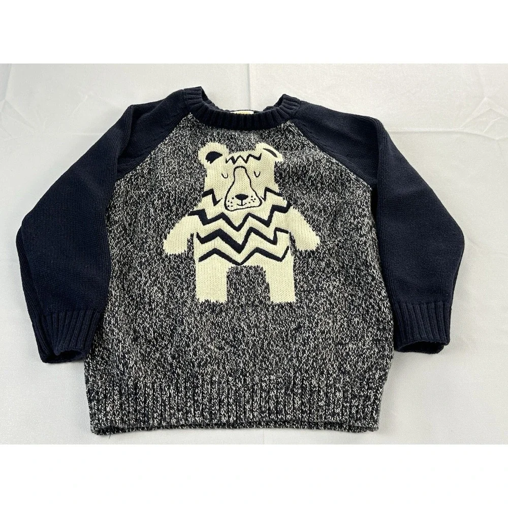 Gymboree Bear Sweater Toddler 3T Navy Cream Marled Knit Pullover Winter